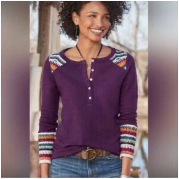 Sundance Crochet Knit Henley Long Sleeve Shirt Multicolor Women’s Size Medium - Picture 2 of 7